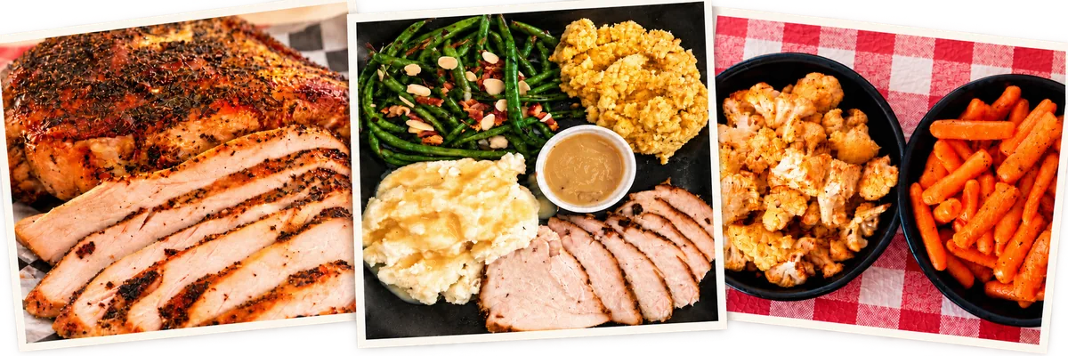Holiday catering with smoked turkey, homestyle sides, and roasted vegetables